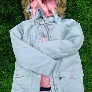 Roxy girls youth grey ski jacket size 12 inside pink